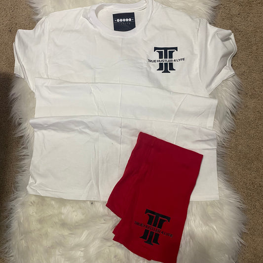 "Experience Luxury: Men's Red Boxer Briefs and White T-Shirt Set with Black Logo"