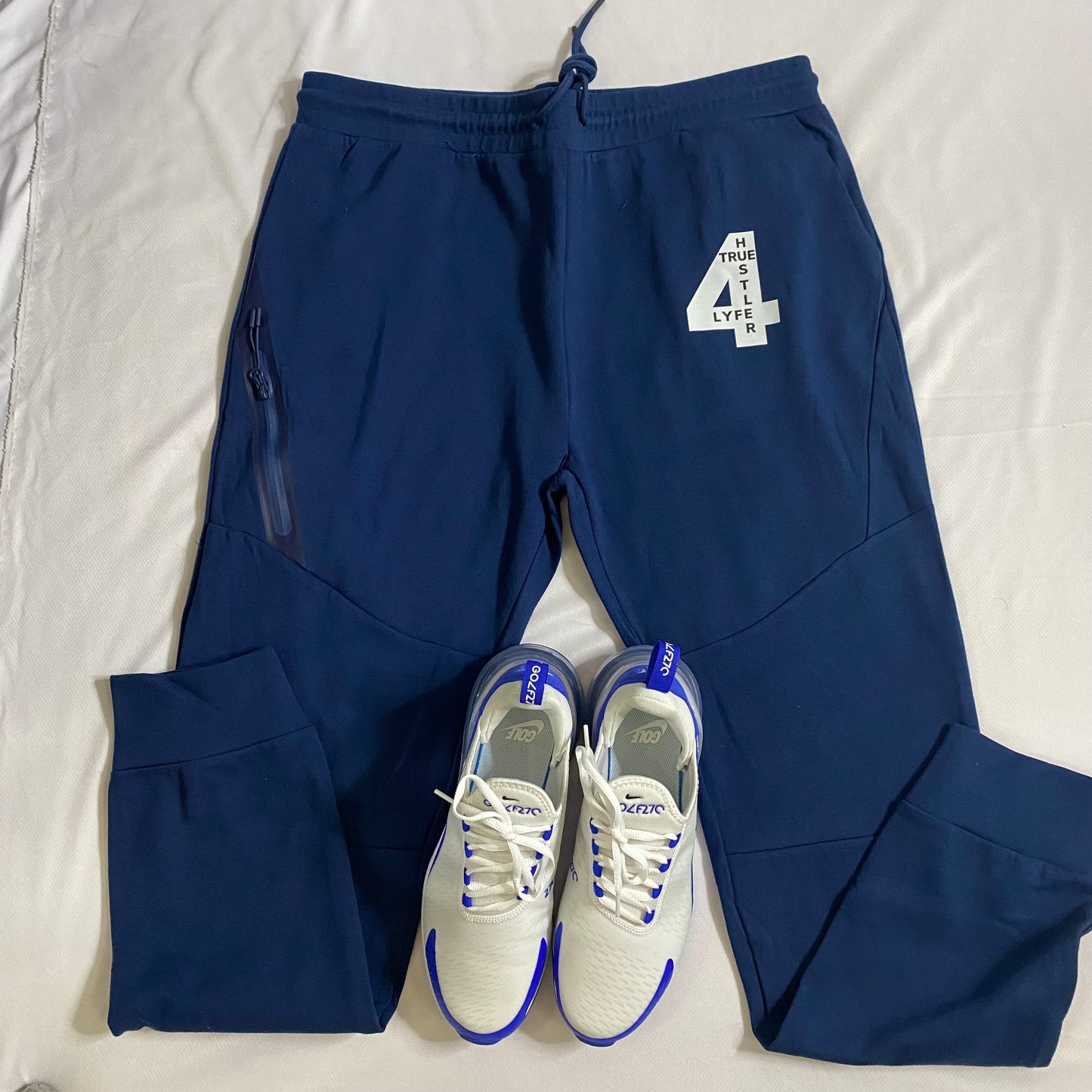True Hustler 4 Lyfe Blue and White #4 Tech 2 Piece Jogging Suit (Unisex)
