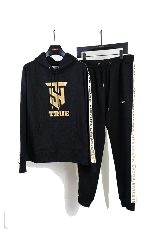 True Hustler 4 Lyfe "LGE" Collection Black & Gold 2 Piece Luxury Jogging Suits (Unisex)