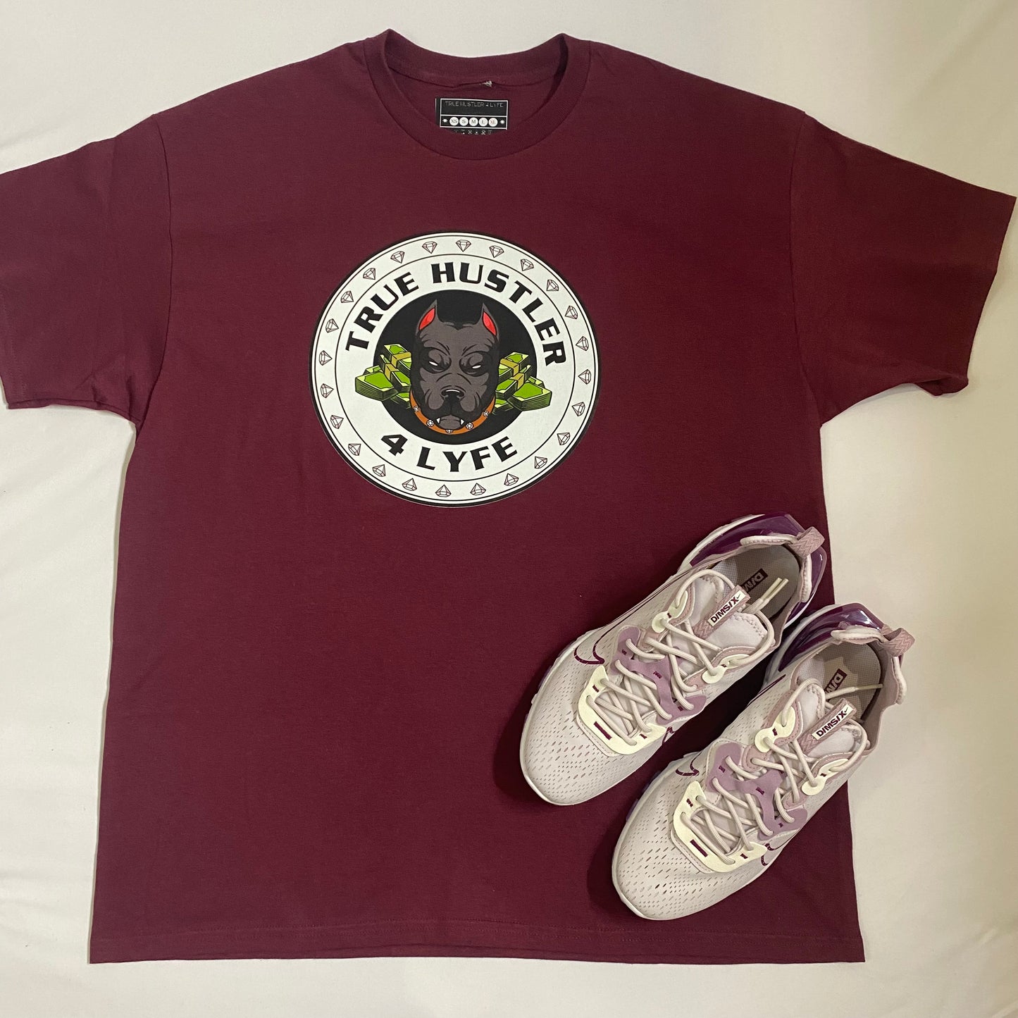 TH4L Grind Collection Unisex Graphic Tees - Burgundy Heavy Duty Cotton T-Shirt and White Grind Logo Tee
