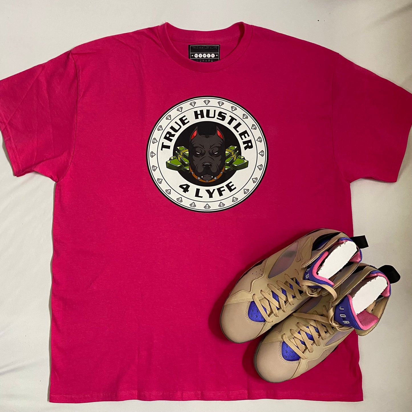 TH4L Grind Collection Unisex Graphic Tees - Hot Pink Heavy Duty Cotton T-Shirt and White Grind Logo Tee